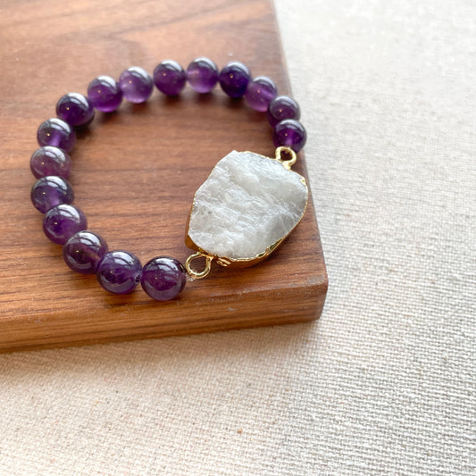 Moonstone And Amethyst Beaded Bracelet