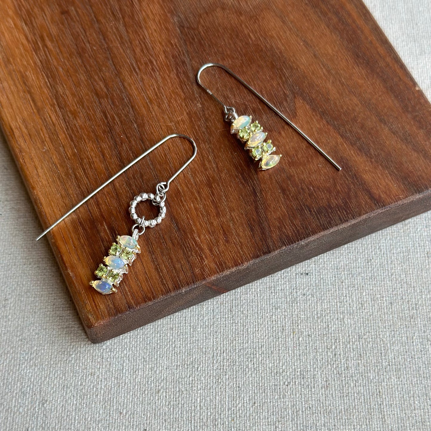 Opal And Peridot Long Ear Hook Sterling Silver Earring